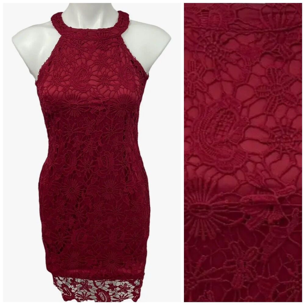 Lamilus Dress Womens Small Red Lace Illusion Party Wedding Guest Holiday Prom